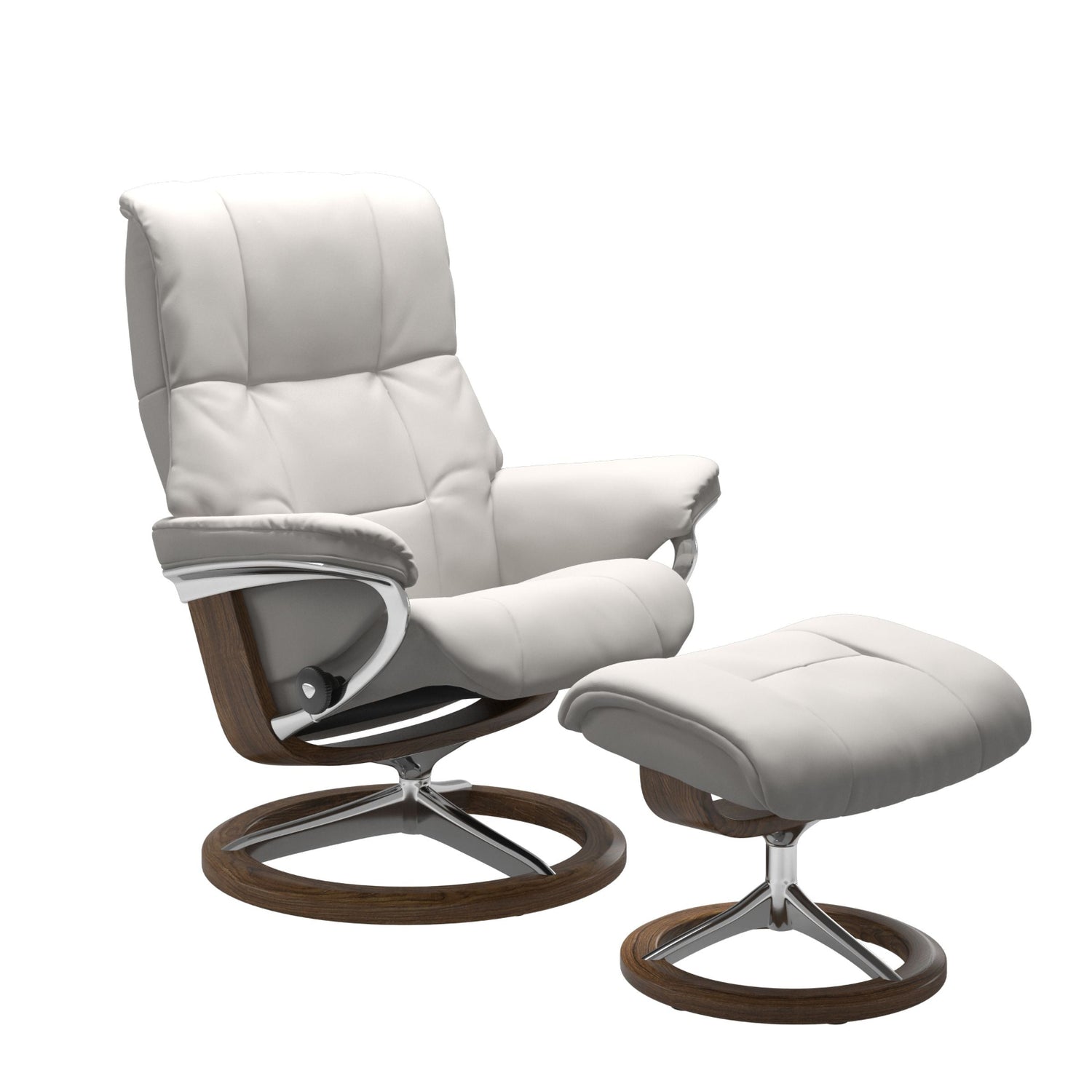 Stressless Mayfair M -lepotuoli ja rahi valkoisena: Milky White 05 Batick -nahkaverhoilulla ja teak petsi 02 pyökki/kiillotettu alumiini Alu 40 -Signature-yhdistelmäjalustalla.