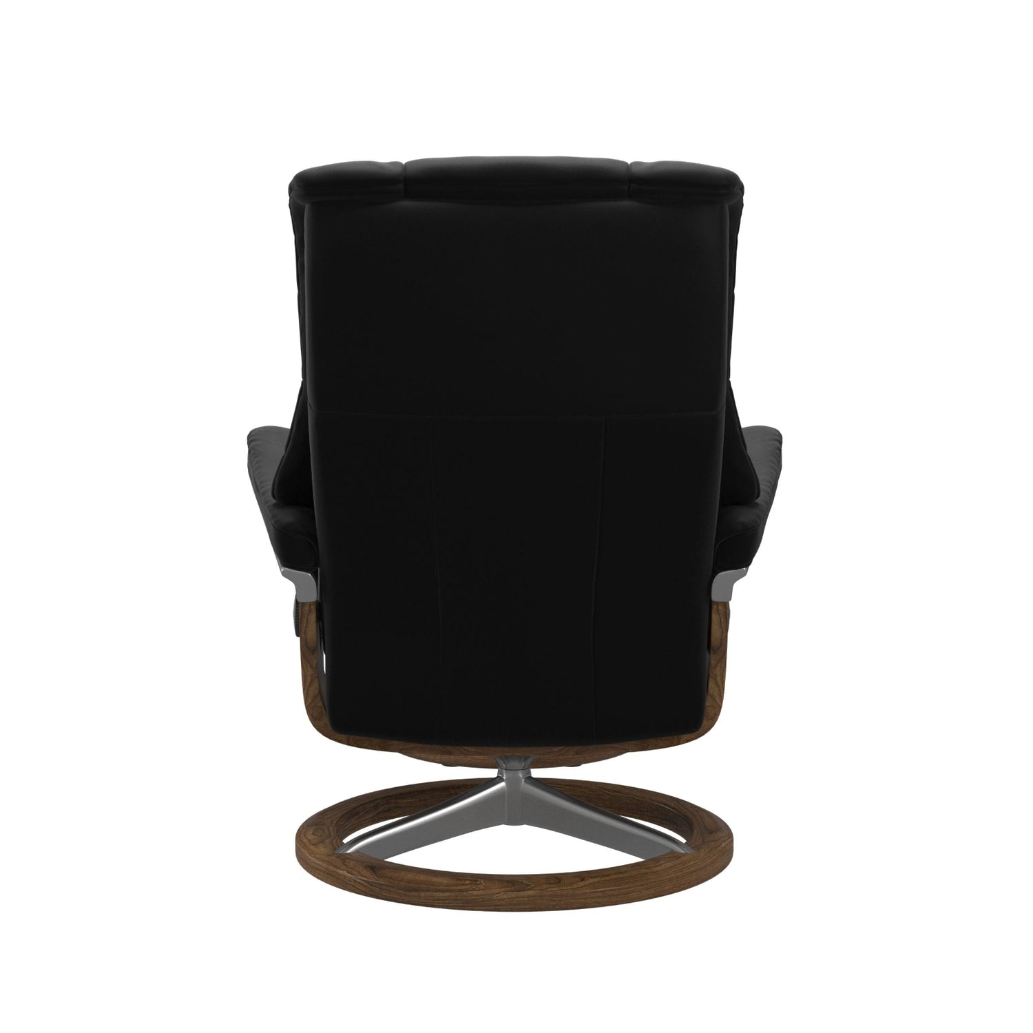 Stressless Mayfair M -lepotuoli ja rahi mustana: Black 19 Paloma-nahkaverhoilulla ja teak petsi 02 pyökki/kiillotettu alumiini Alu 40 -Signature-yhdistelmäjalustalla.