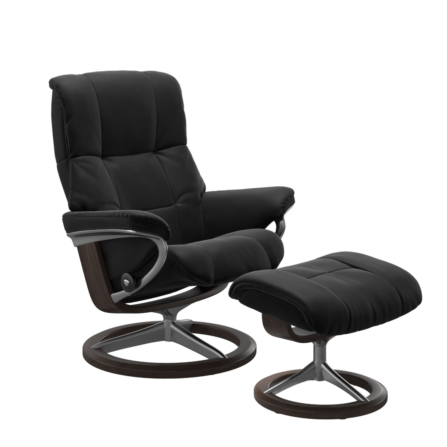 Stressless Mayfair M -lepotuoli ja rahi mustana: Black 19 Paloma-nahkaverhoilulla ja wenge 11 petsattu pyökki/kiiltävä alumiini Alu40 -Signature-yhdistelmäjalustalla.