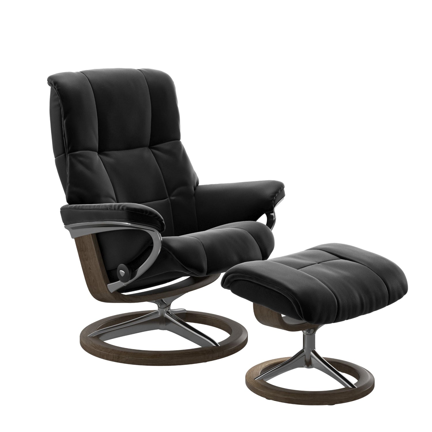 Stressless Mayfair M -lepotuoli ja rahi mustana: Black 19 Paloma-nahkaverhoilulla ja savutammi 13 petsattu pyökki/kiiltävä alumiini Alu 40 -Signature-yhdistelmäjalustalla.