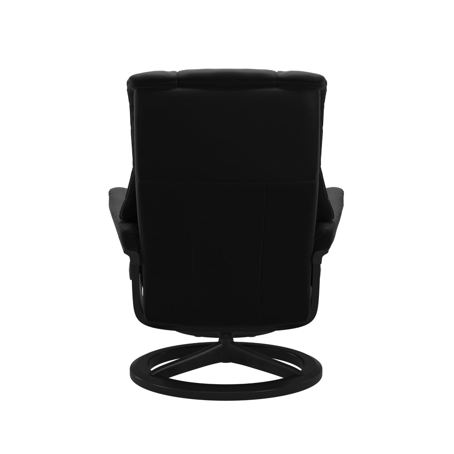 Stressless Mayfair M -lepotuoli ja rahi mustana: Black 19 Paloma-nahkaverhoilulla ja musta petsi 05 pyökki/mattamusta 45 metalli -Signature-yhdistelmäjalustalla.