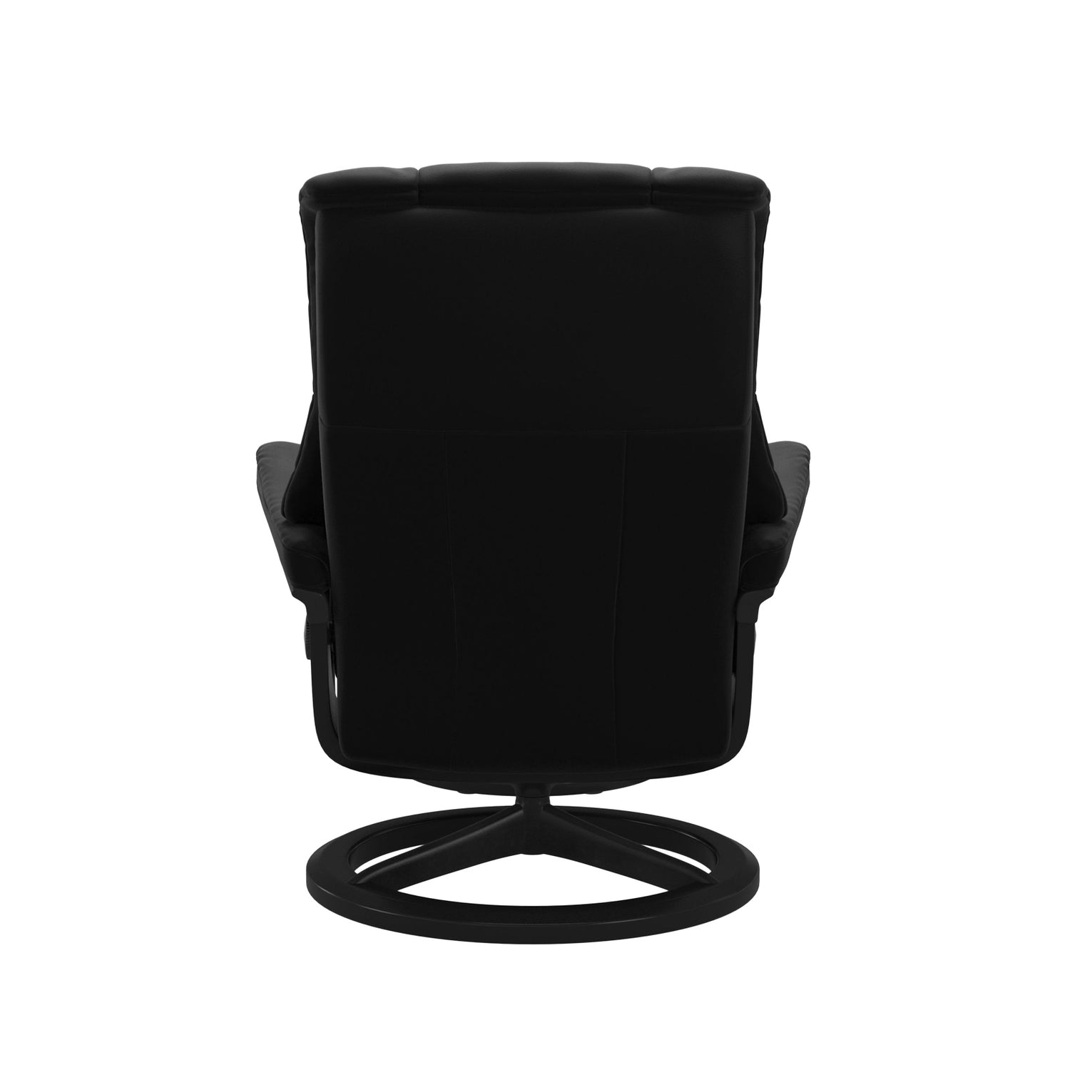 Stressless Mayfair M -lepotuoli mustana: Black 19 Paloma-nahkaverhoilulla ja musta petsattu pyökki/mattamusta metalli -Signature-yhdistelmäjalustalla.