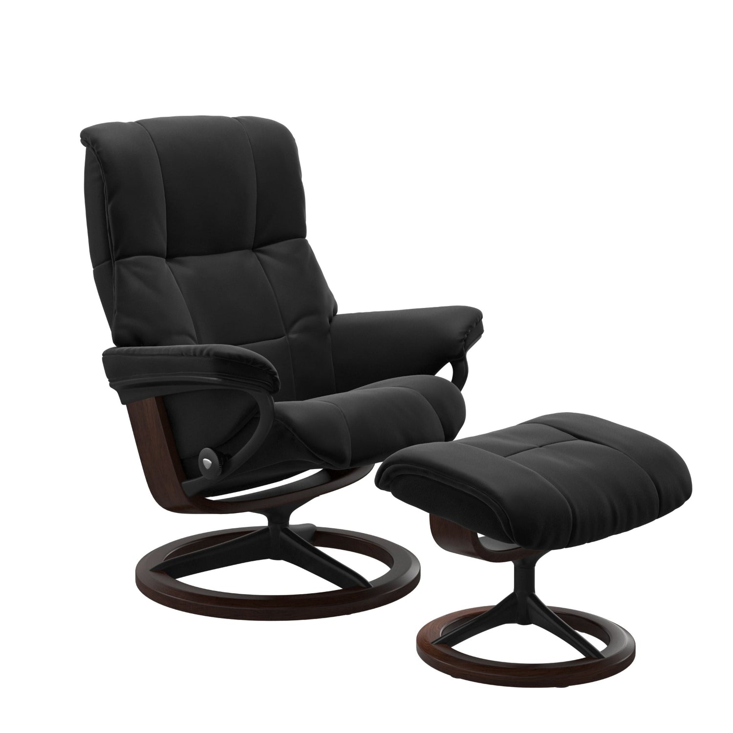 Stressless Mayfair M -lepotuoli ja rahi mustana: Black 19 Paloma-nahkaverhoilulla ja ruskea petsi 03/mattamusta 45 metalli -Signature-yhdistelmäjalustalla.