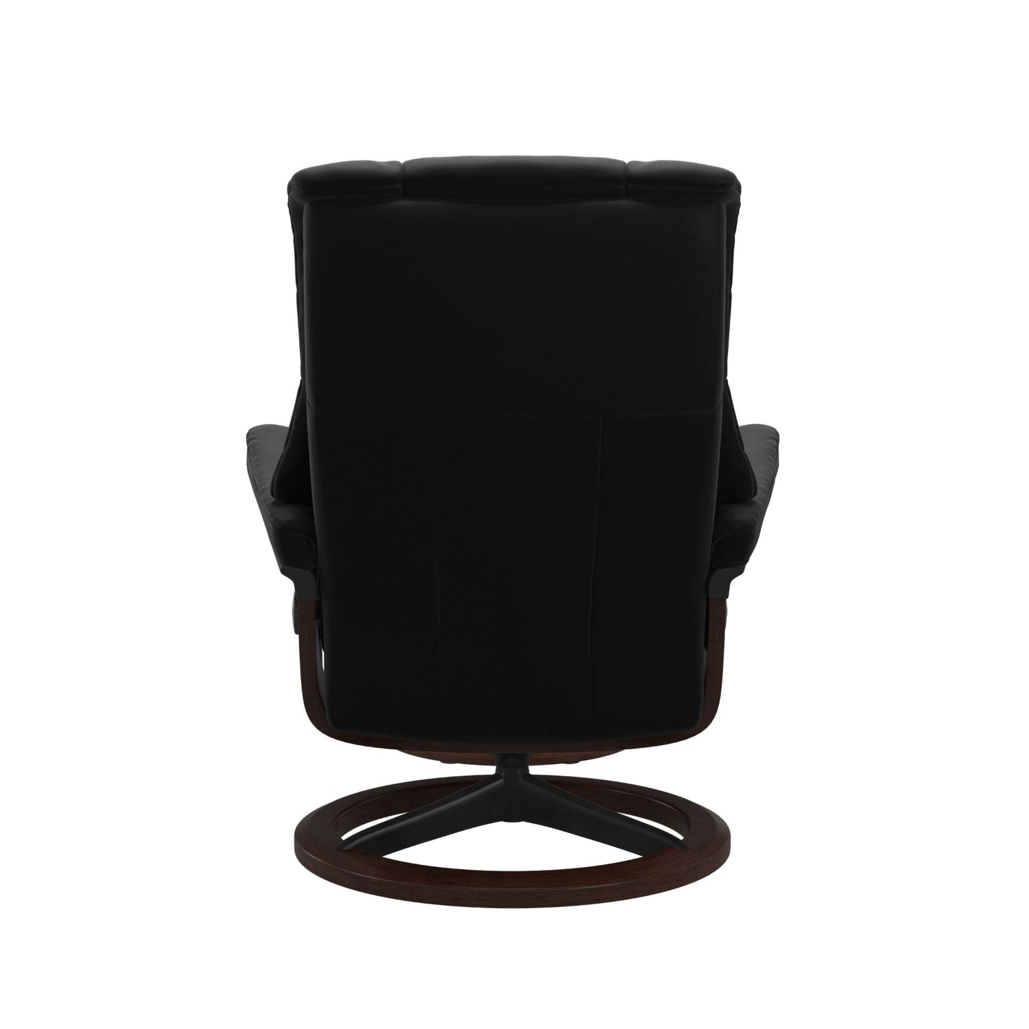 Stressless Mayfair M -lepotuoli ja rahi mustana: Black 19 Paloma-nahkaverhoilulla ja ruskea petsi 03/mattamusta 45 metalli -Signature-yhdistelmäjalustalla.