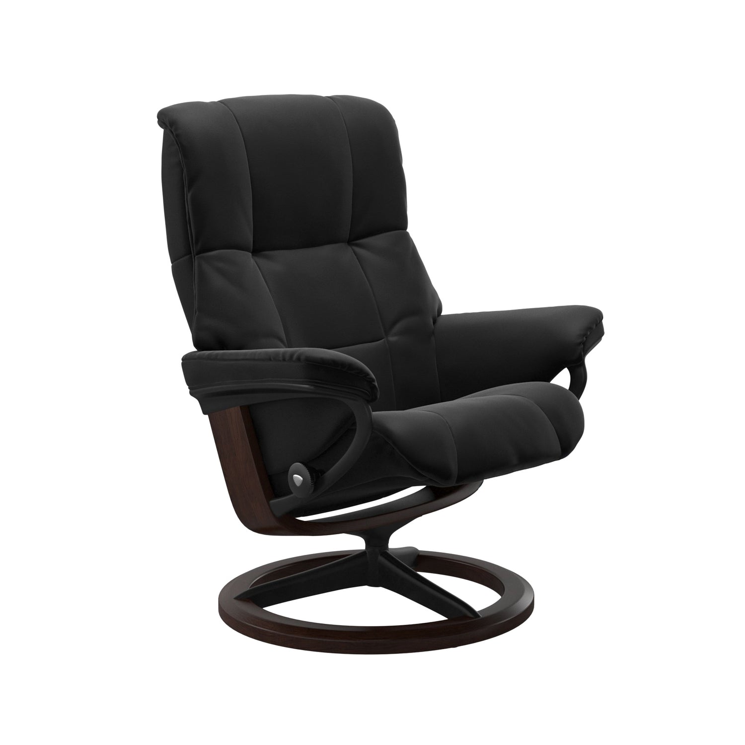 Stressless Mayfair M -lepotuoli mustana: Black 19 Paloma-nahkaverhoilulla ja ruskea petsattu pyökki/mattamusta metalli -Signature-yhdistelmäjalustalla.