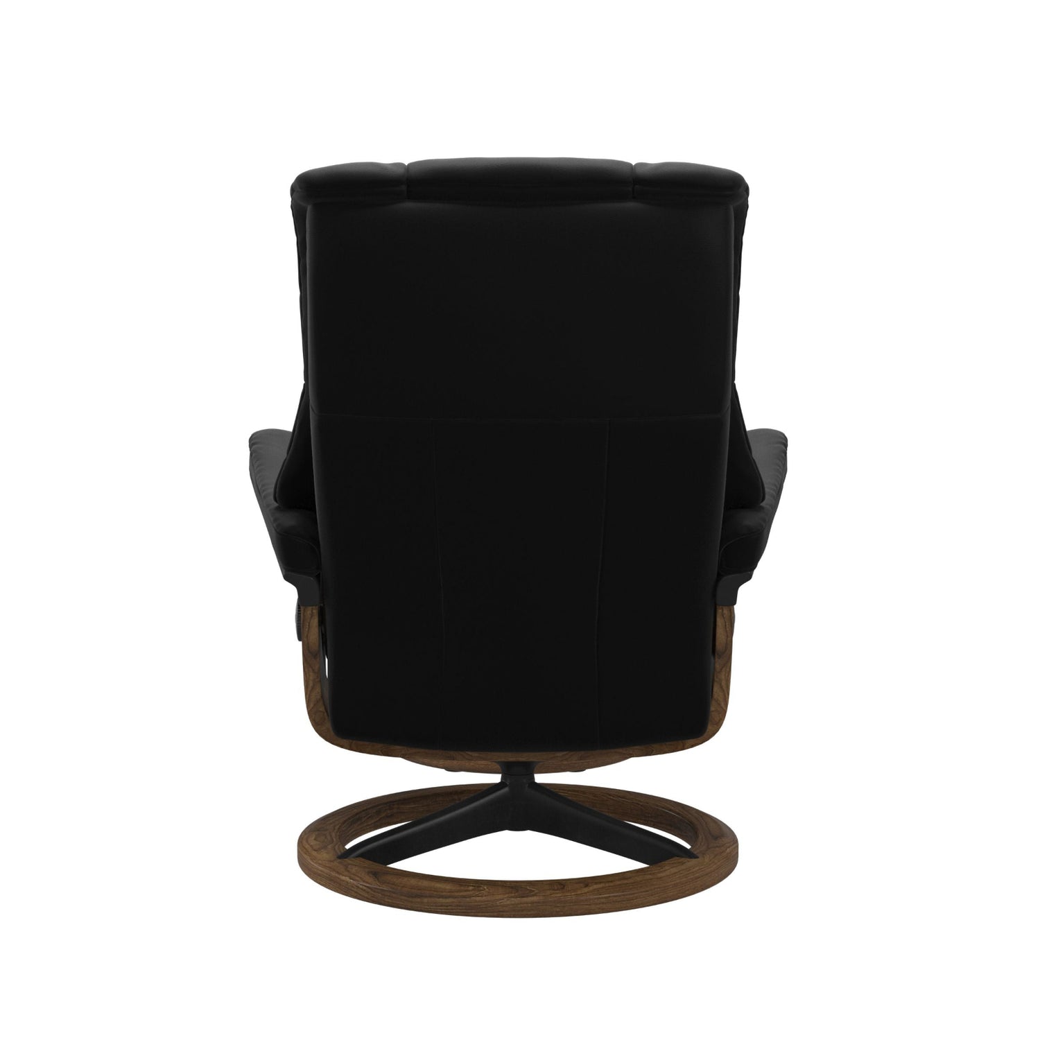 Stressless Mayfair M -lepotuoli ja rahi mustana: Black 19 Paloma-nahkaverhoilulla ja teak petsi 02 pyökki/mattamusta 45 metalli -Signature-yhdistelmäjalustalla.