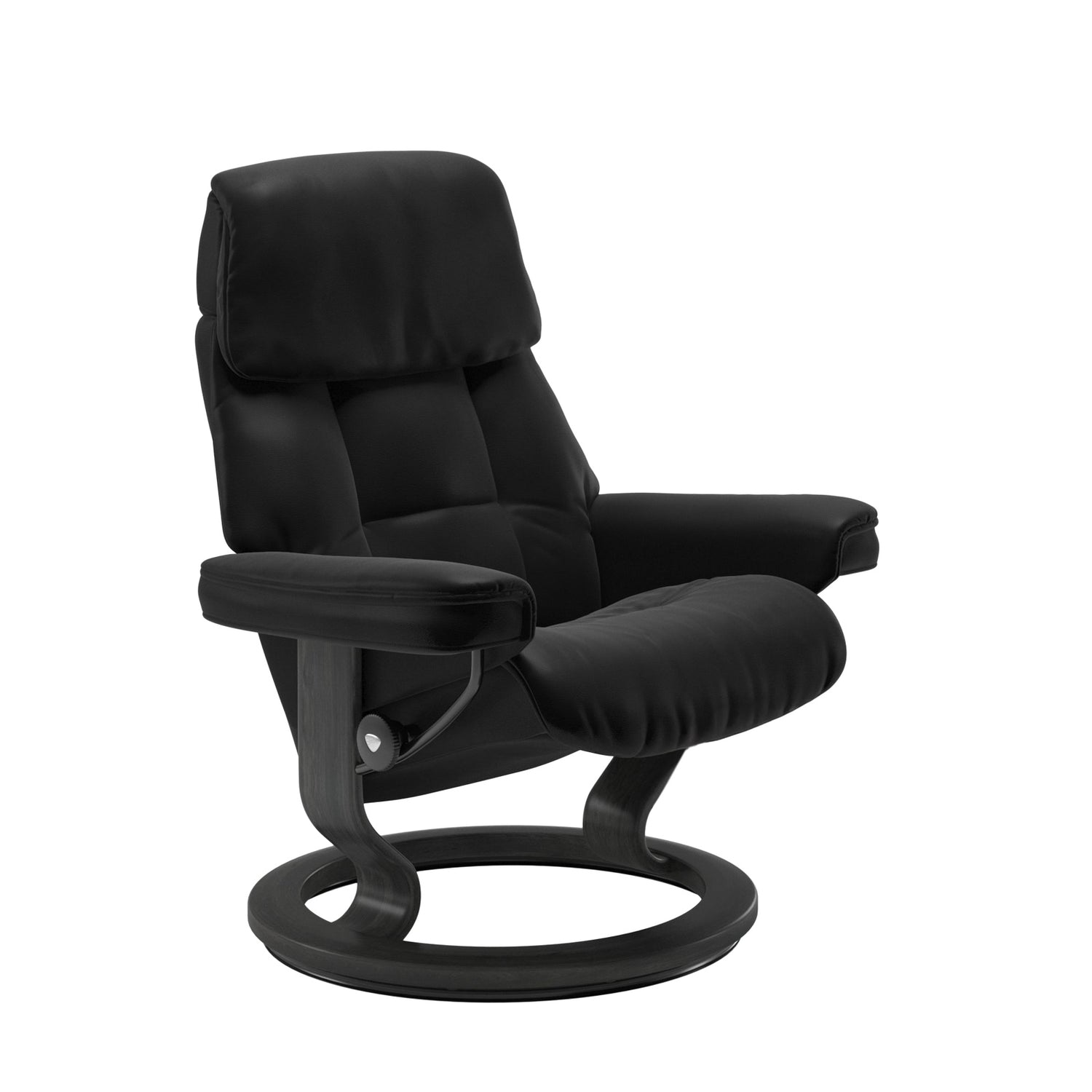 Stressless Ruby M -lepotuoli mustana: Black 19 Batick-nahkaverhoilulla ja harmaa petsatulla -Classic-puujalustalla.