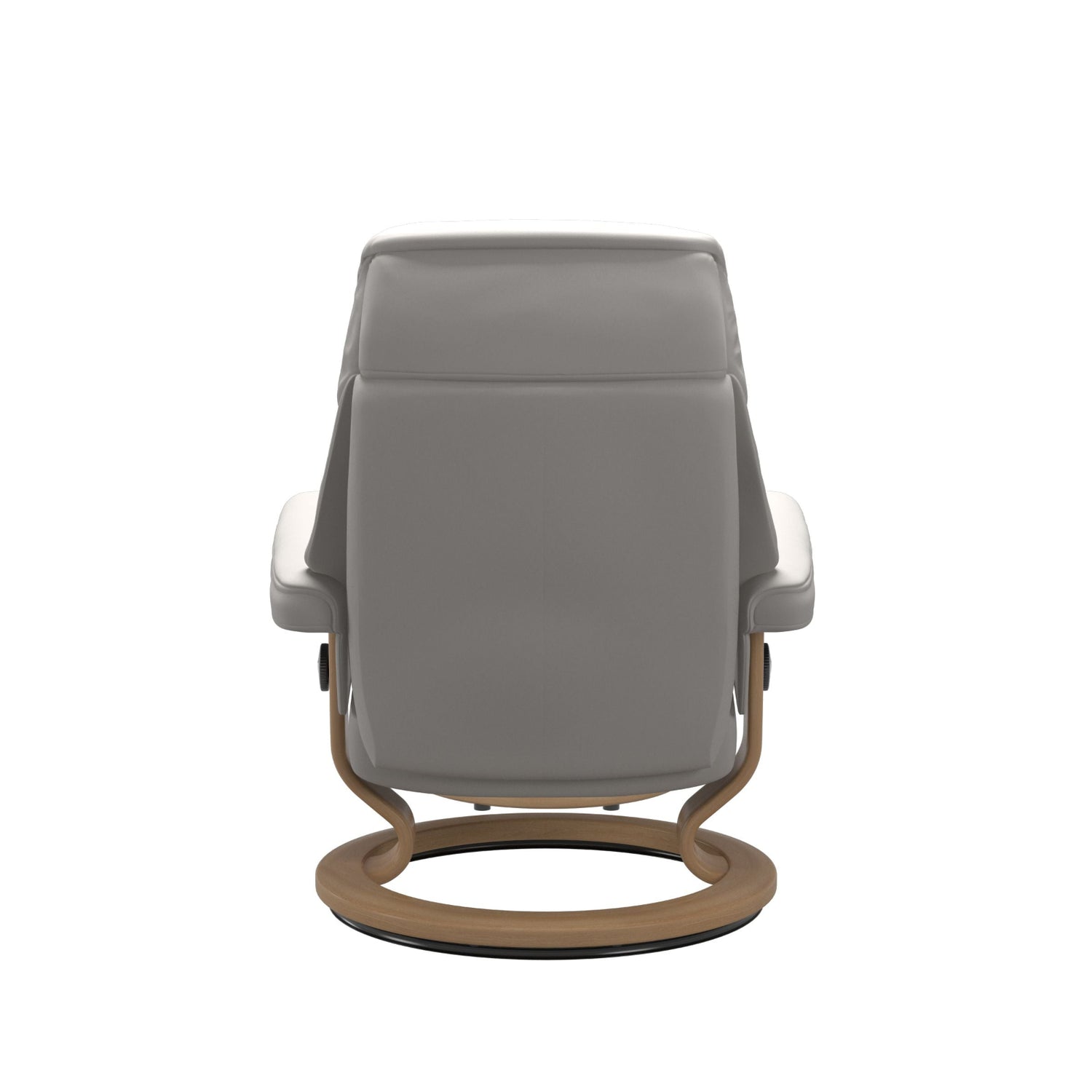 Stressless Ruby M -lepotuoli ja rahi valkoisena: Milky White 05 Batick-nahkaverhoilulla ja tammi petsatulla -Classic-puujalustalla.