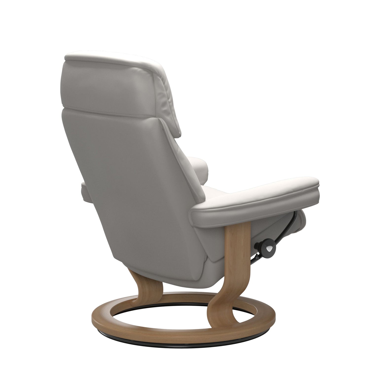 Stressless Ruby M -lepotuoli valkoisena: Milky White 05 Batick-nahkaverhoilulla ja tammi petsatulla -Classic-puujalustalla.