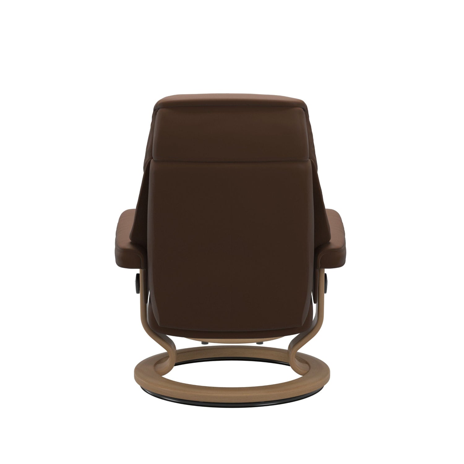 Stressless Ruby M -lepotuoli ja rahi ruskeana: Warm Brown 87 Batick-nahkaverhoilulla ja tammi petsatulla -Classic-puujalustalla.