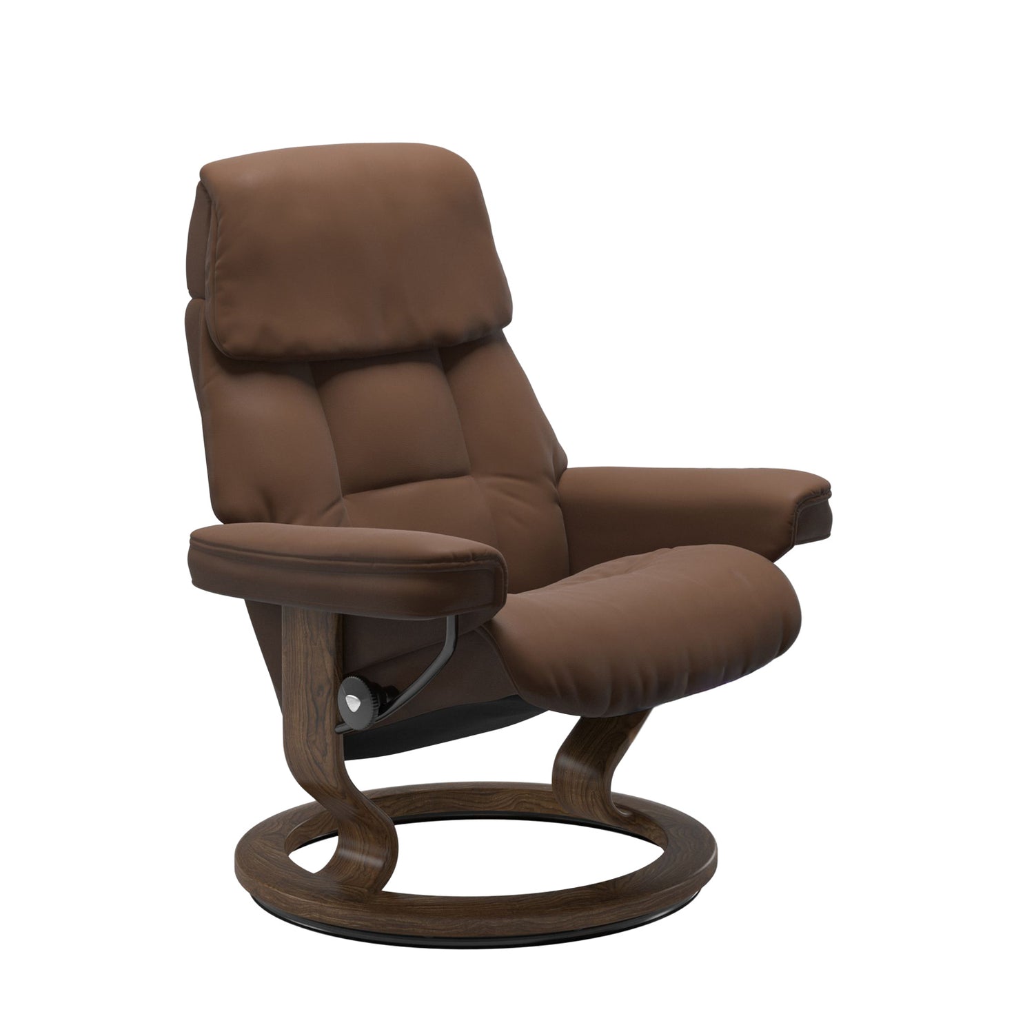 Stressless Ruby M -lepotuoli ruskeana: Warm Brown 87 Batick-nahkaverhoilulla ja tiikki petsatulla -Classic-puujalustalla.