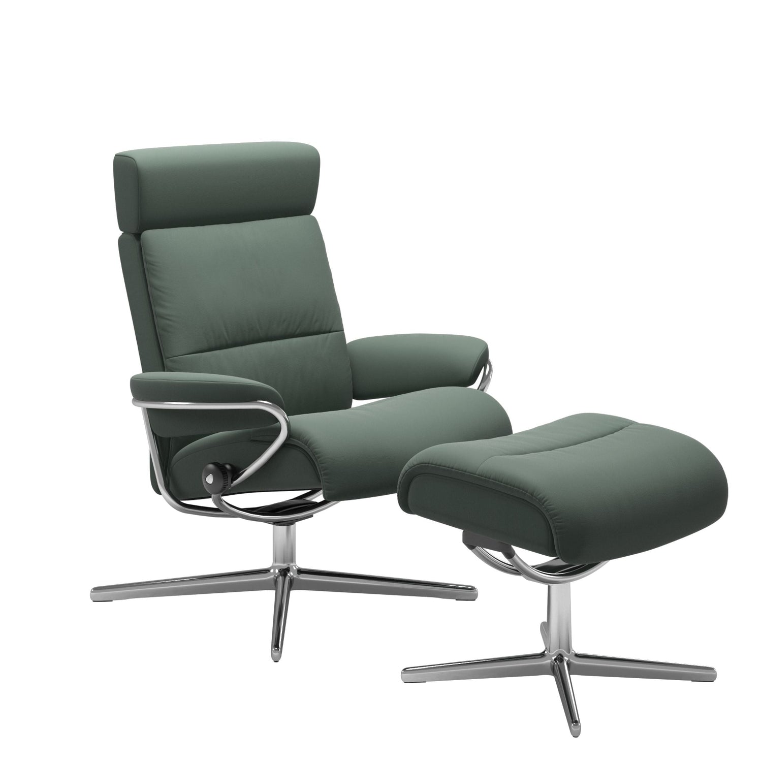 Stressless Tokyo, korkeaselkänojainen -lepotuoli ja rahi vihreänä: Sage Green 97 Paloma -nahkaverhoilulla ja kiiltävällä Cross-alumiinijalustalla.