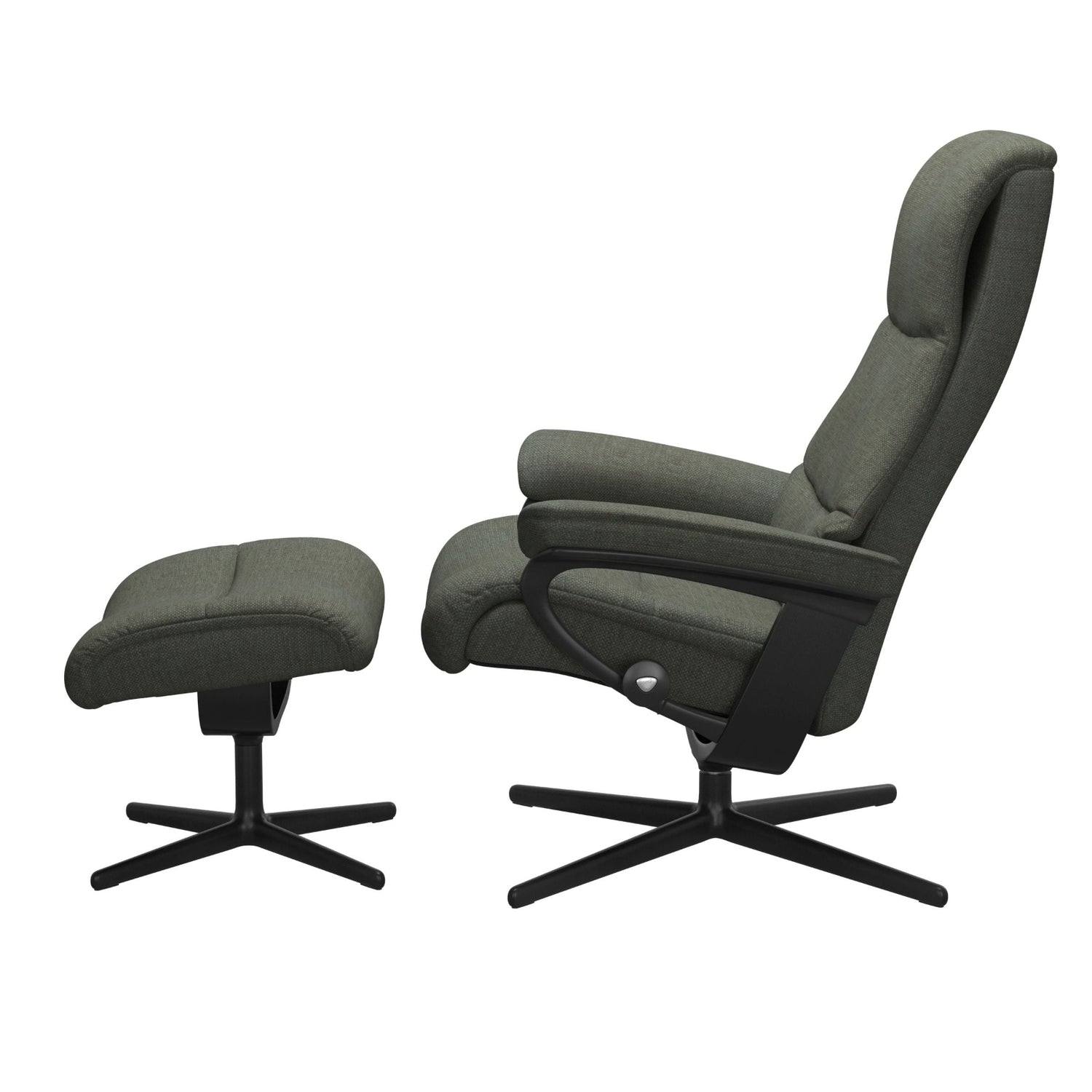 Stressless View, korkeaselkänojainen -lepotuoli ja rahi vihreänä: Green 90 Daisy -kangasverhoilulla ja mattamustalla Cross-metallijalustalla.
