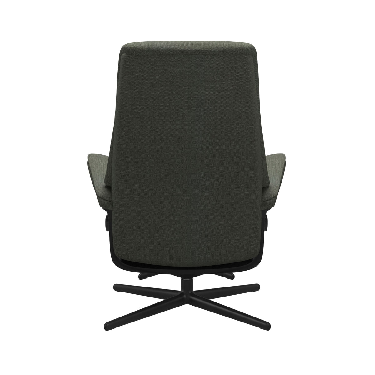 Stressless View, korkeaselkänojainen -lepotuoli ja rahi vihreänä: Green 90 Daisy -kangasverhoilulla ja mattamustalla Cross-metallijalustalla.