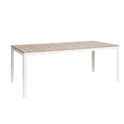 Beige-valkoinen Suvi Aintwood -ruokapöytä koossa 200 x 90 cm. Harmaanbeige yhdistelmäsävy on tarkemmin greige.