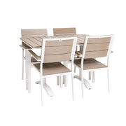 Valkorunkoiset Suvi Cafe -ruokapöytä 120 x 76 cm ja neljä Suvi Aintwood -tuolia. Beigen Aintwoodin värin sävy ulkokalusteissa tarkemmin sanottuna greige.