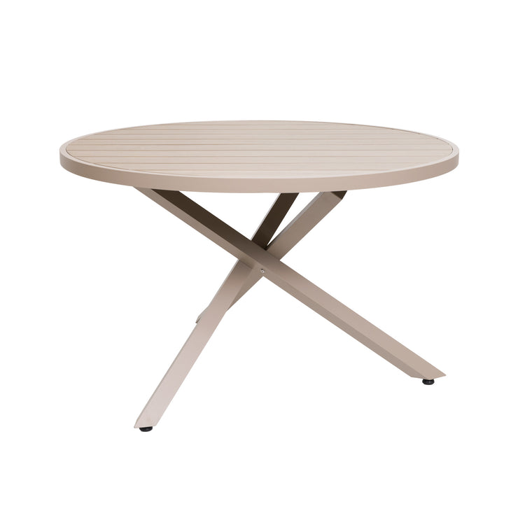 Suvi Aintwood-pyöreä pöytä 118 cm beigen värisenä. Harmaan-beigen yhdistelmävärisävy tarkemmin greige.