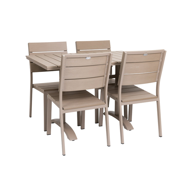 Suvi Cafe -ruokapöytä keskijalalla 120 x 76 cm ja neljä käsinojatonta Suvi Aintwood -tuolia, väri beige, tarkemmin sanottuna sävy greige.