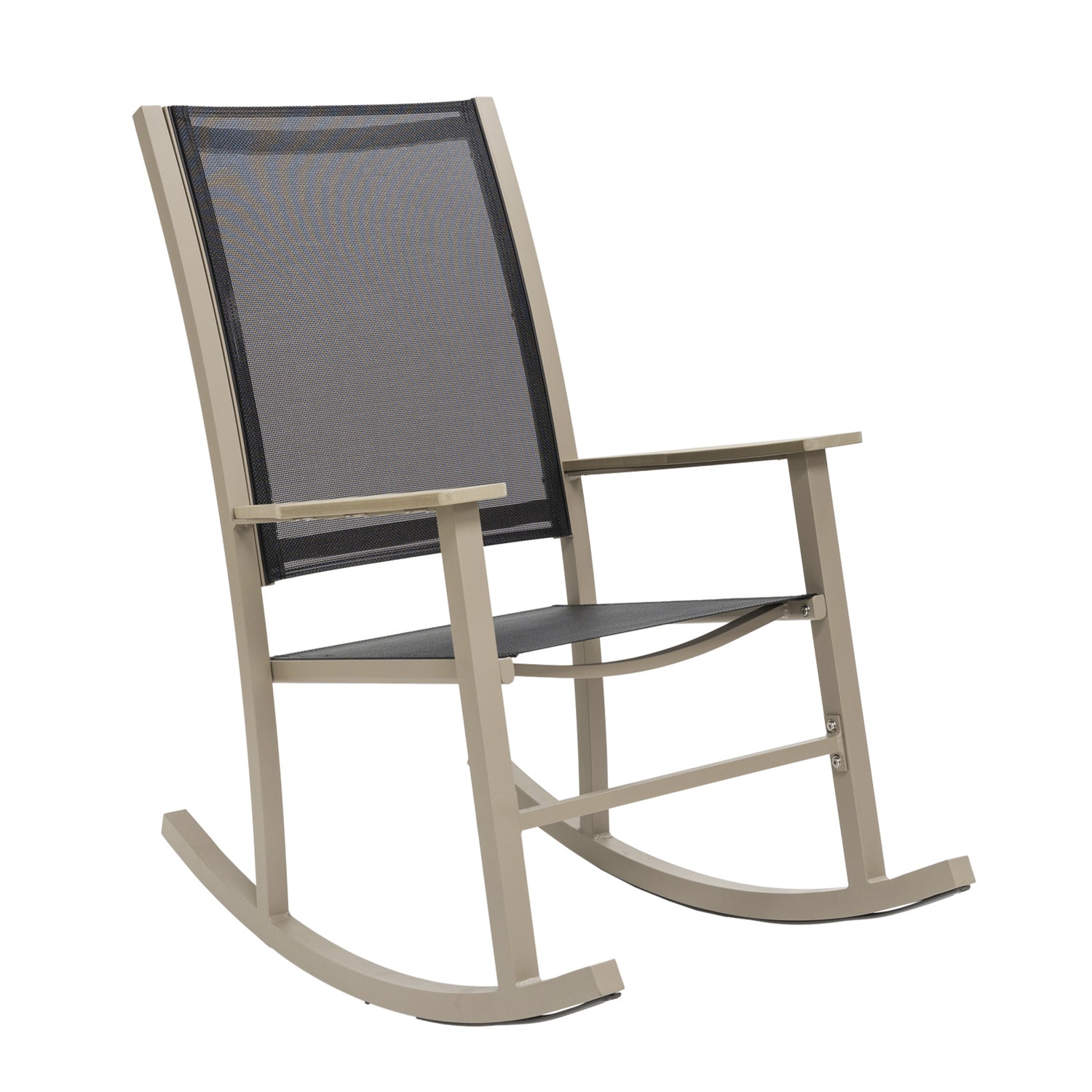 Suvituuli-keinutuoli beigen värisenä, mustilla textiline-istuinosilla.