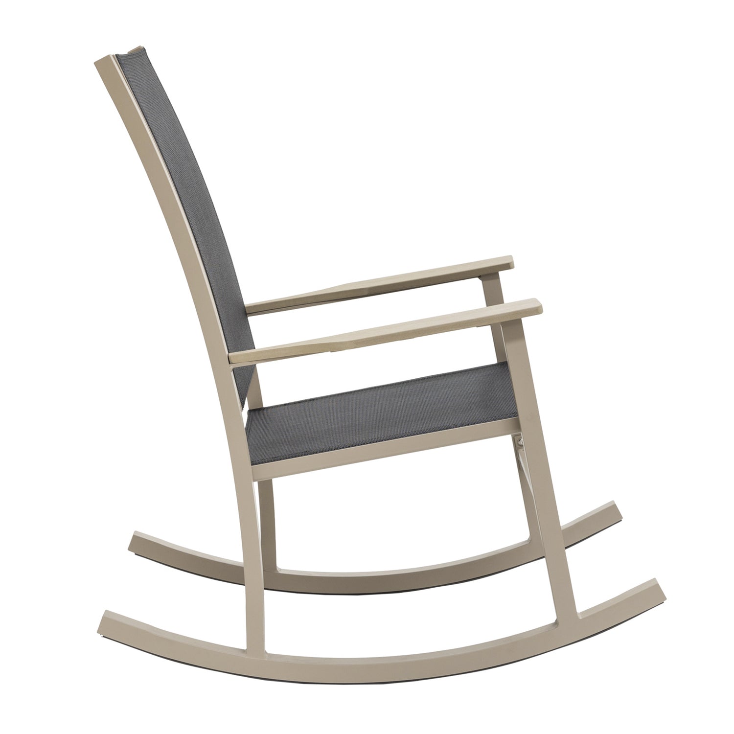 Suvituuli-keinutuoli beigen värisenä, mustilla textiline-istuinosilla.