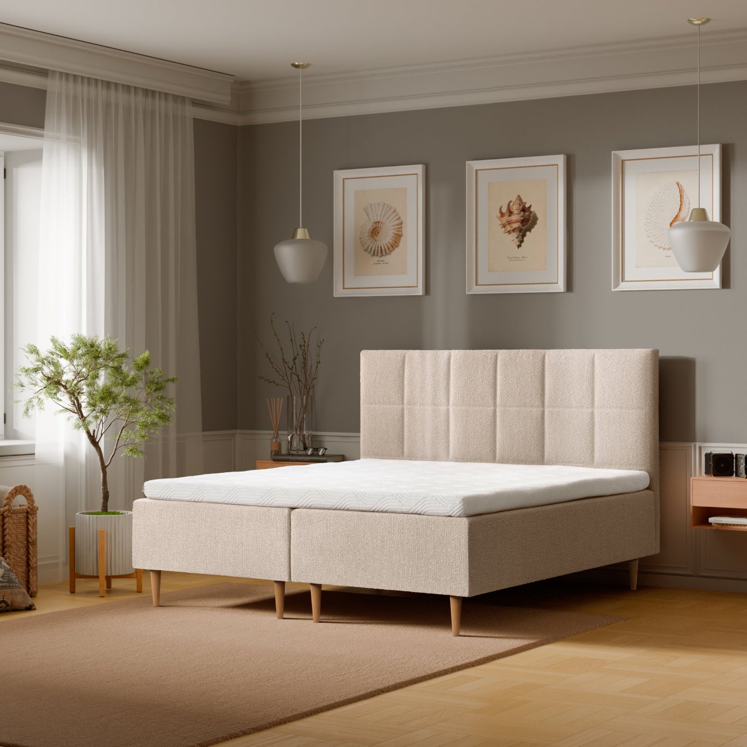 Kuvassa on Tempur Break Box -runkopatjat beigellä verhoilulla ja tammijaloilla. Kuvan Tempur Break Square -sängynpääty myydään erikseen.