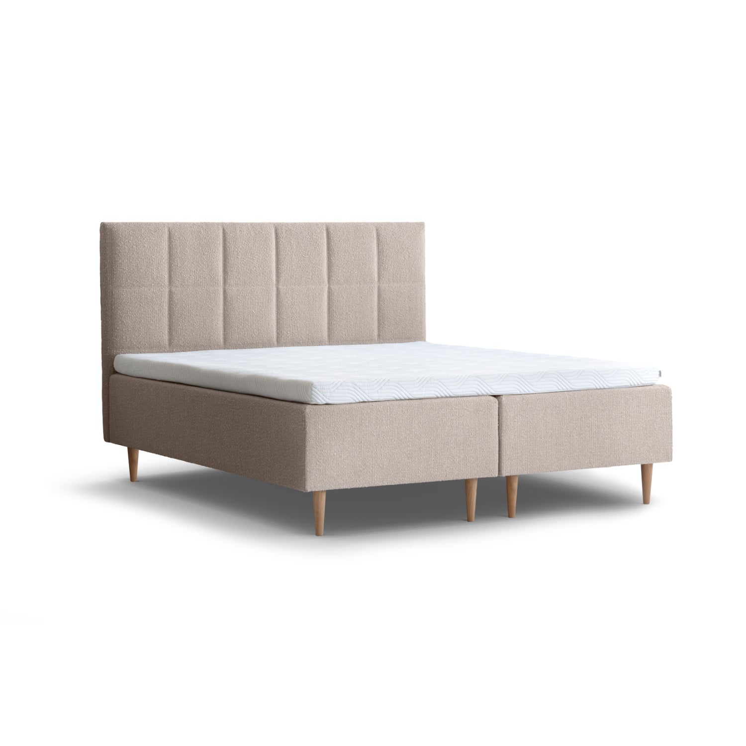 Tempur Break Box -runkosänkypaketti beigellä verhoilulla ja tammijaloilla. Kuvan Tempur Break Square -sängynpääty myydään erikseen.