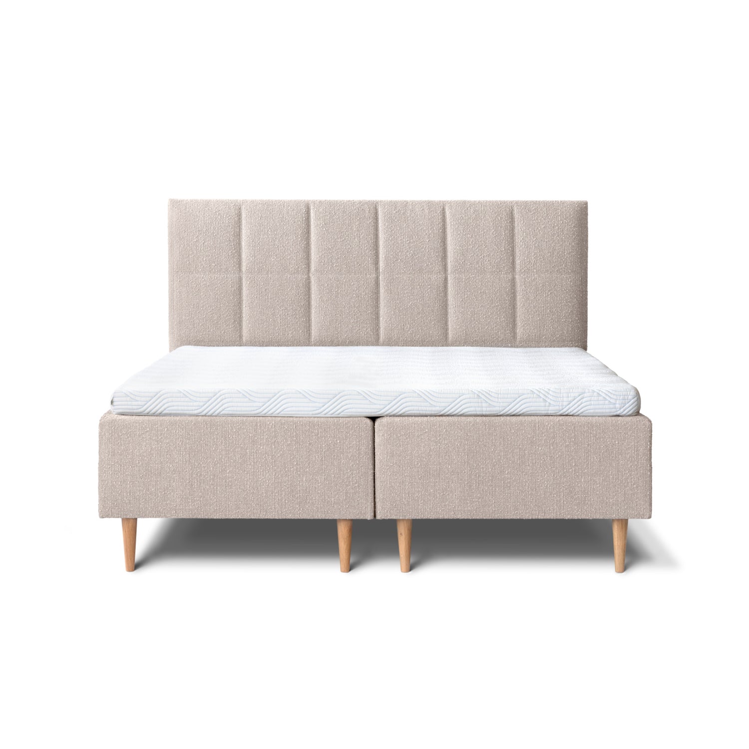Tempur Break Box -runkosänkypaketti beigellä verhoilulla ja tammijaloilla. Kuvan Tempur Break Square -sängynpääty myydään erikseen.