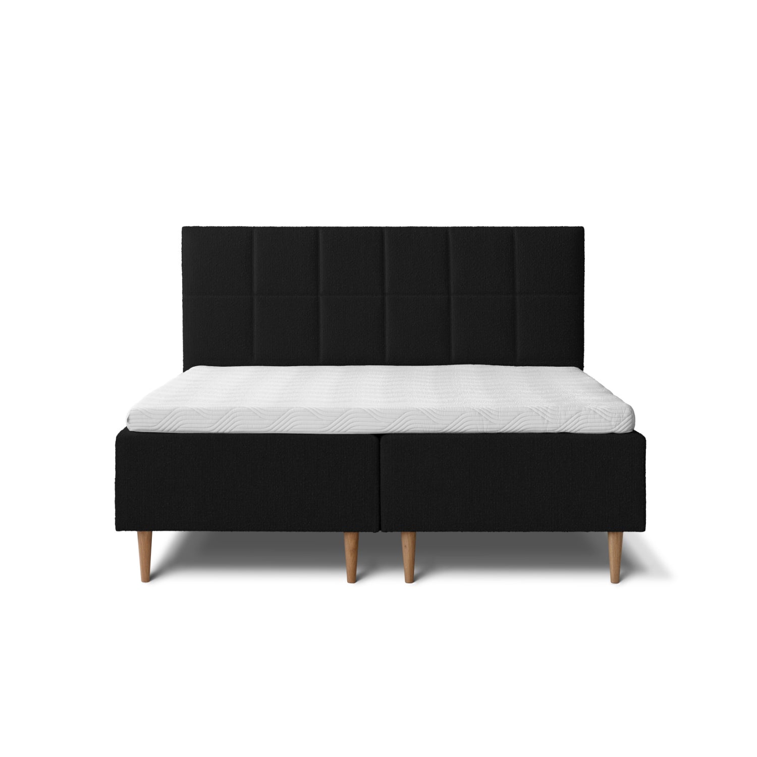 Tempur Break Box -runkosänkypaketti mustalla verhoilulla ja tammijaloilla. Kuvan Tempur Break Square -sängynpääty myydään erikseen.