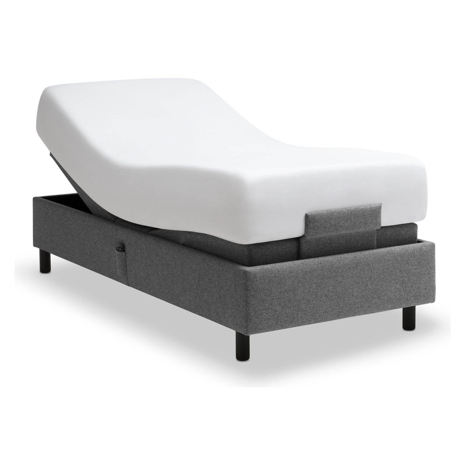 Tempur Boxspring Adjustable -vuodepaketti grafiitin värisellä Dark Stone -kankaalla verhoiltuna ja TEMPUR PRO Plus CoolQuilt 27 cm patjalla, sekä tummilla vakiojaloilla.