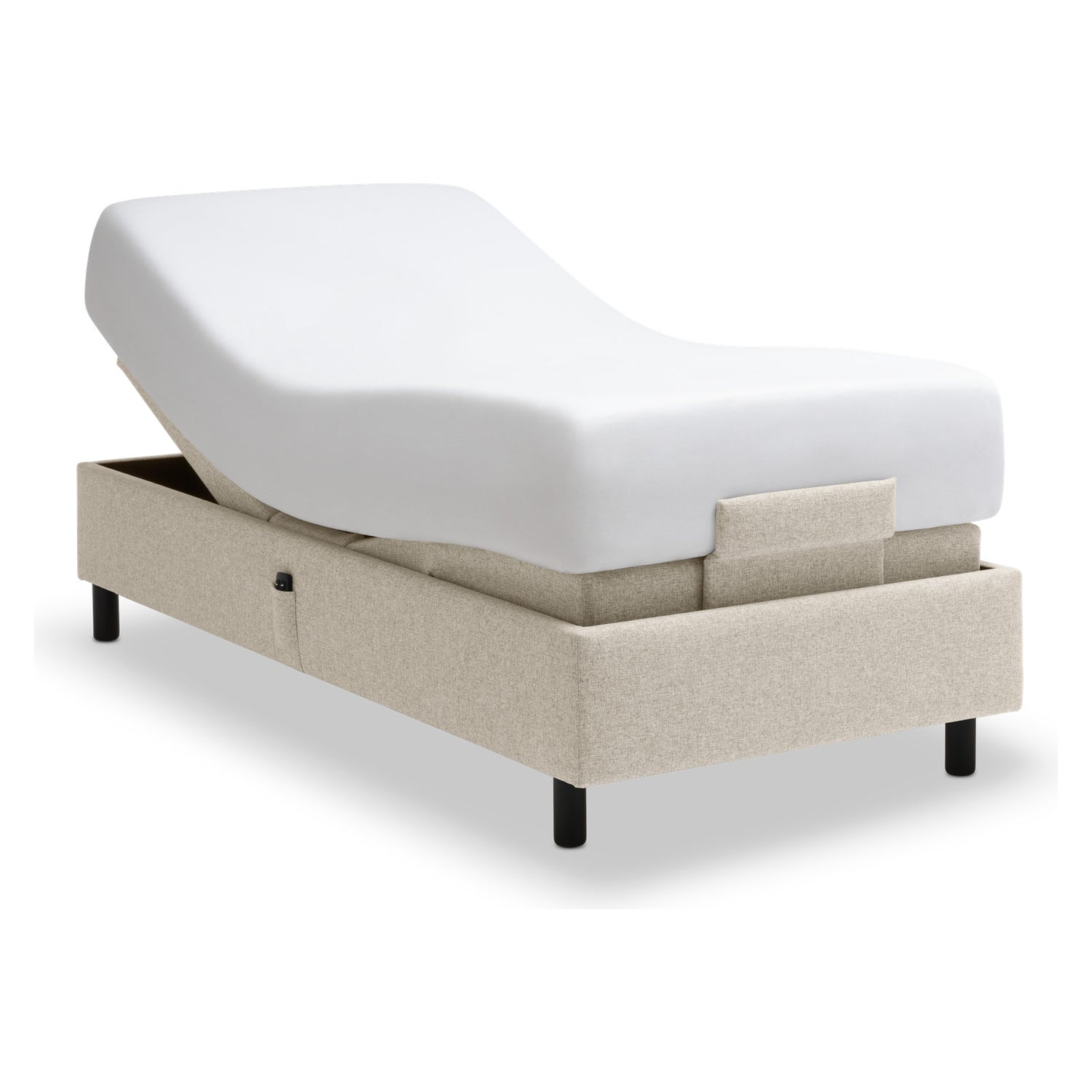 Tempur Boxspring Adjustable -vuodepaketti tumman hiekanvärisellä Sand -kankaalla verhoiltuna ja TEMPUR PRO Plus CoolQuilt 27 cm patjalla, sekä tummilla vakiojaloilla.