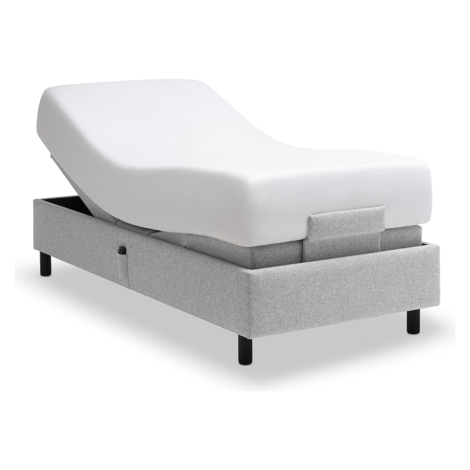 Tempur Boxspring Adjustable -vuodepaketti harmaalla Stone -kankaalla verhoiltuna ja TEMPUR PRO Plus CoolQuilt 27 cm patjalla, sekä tummilla vakiojaloilla.