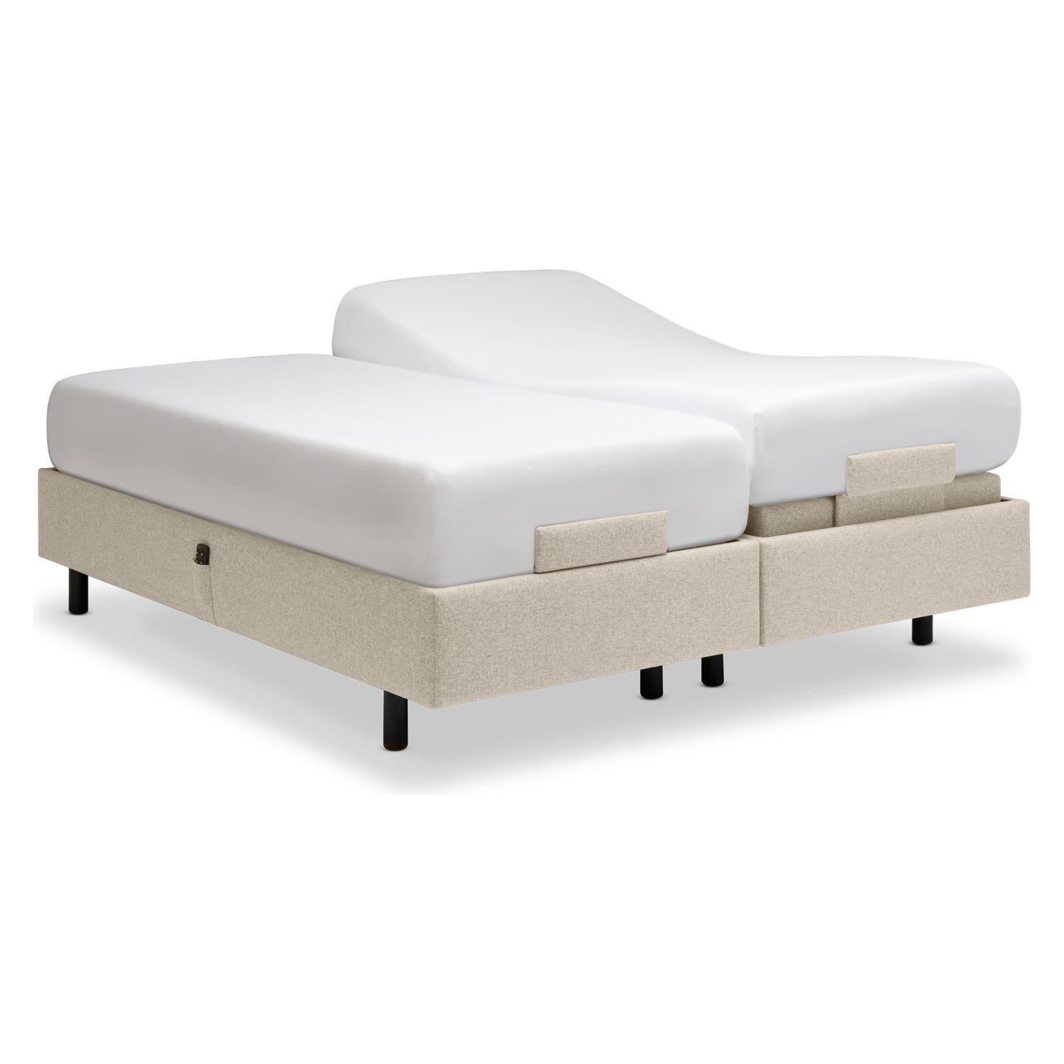 Tempur Boxspring Adjustable -parivuodepaketti tumman hiekanvärisellä Sand -kankaalla verhoiltuna ja TEMPUR PRO Plus CoolQuilt 27 cm patjalla, sekä tummilla vakiojaloilla.