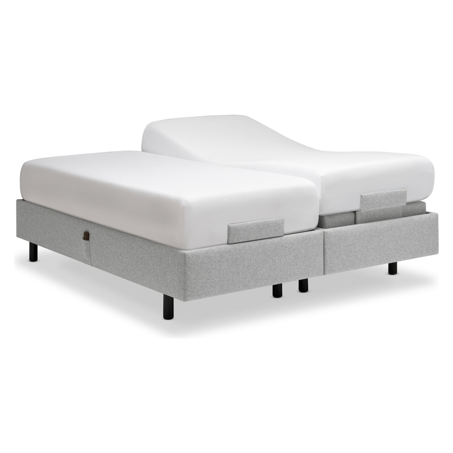 Tempur Boxspring Adjustable -parivuodepaketti harmaalla Stone -kankaalla verhoiltuna ja TEMPUR PRO Plus CoolQuilt 27 cm patjalla, sekä tummilla vakiojaloilla.