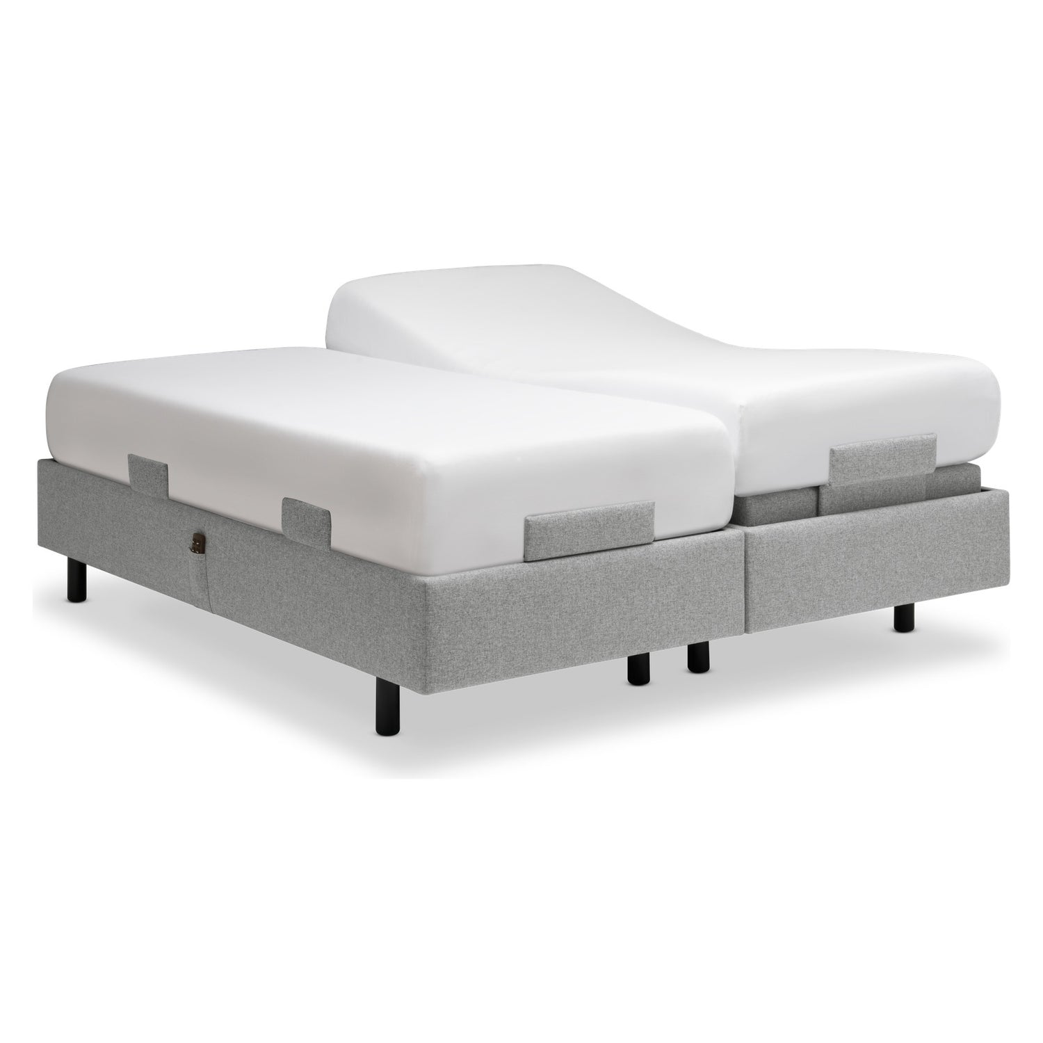 Tempur Boxspring Adjustable -parivuodepaketti harmaalla Stone -kankaalla verhoiltuna ja TEMPUR PRO Plus CoolQuilt 27 cm patjalla, sekä tummilla vakiojaloilla. Toimitukseen sisältyy jalkopään patjapidikkeet - Sivupidikkeet ovat saatavana erikseen.