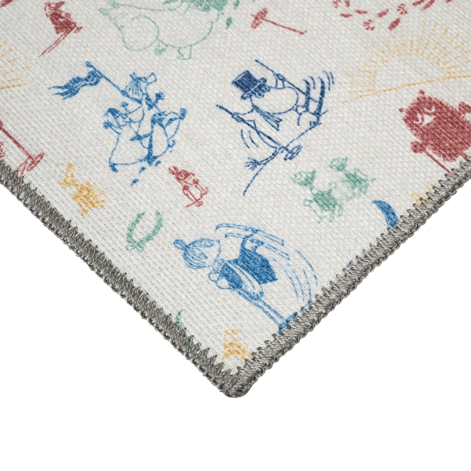 TALVIPELIT Muumi lasten matto, värikäs -materiaalin ja reunan detaljikuva.
