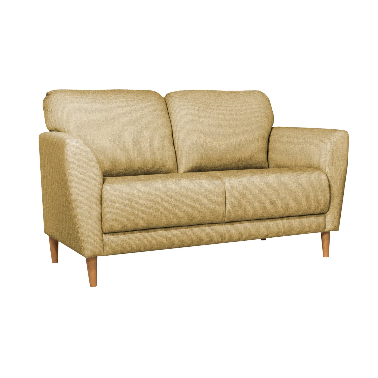 Taru 2-istuttava sohva keltaisella Sakura 025 -verhoilukankaalla ja pähkinänvärisillä puujaloilla.