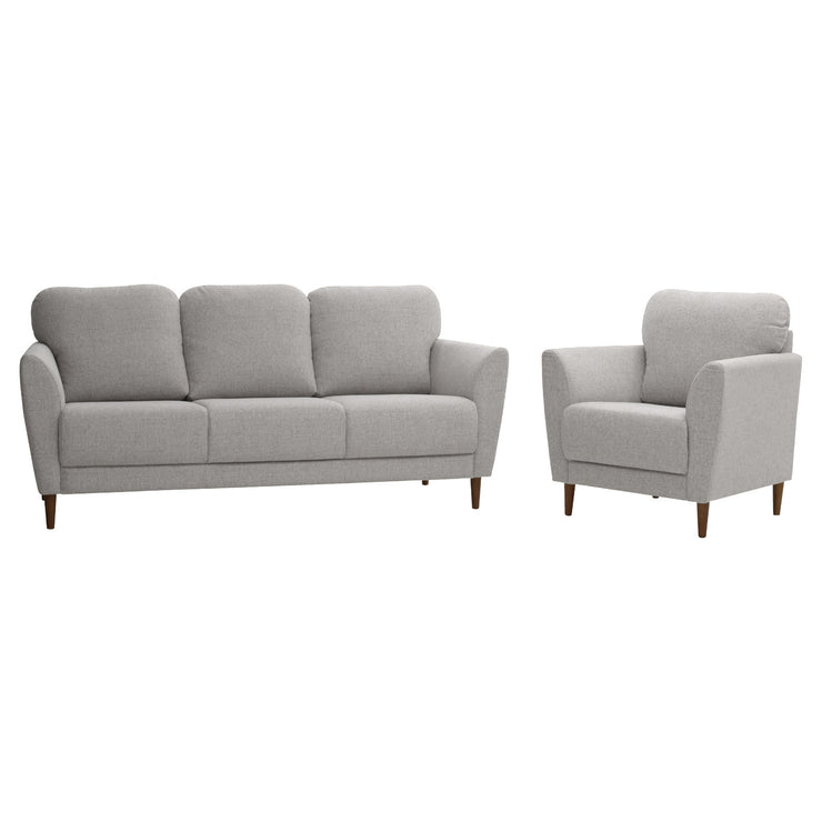 Kuvassa on Taru 3-istuttavan sohvan lisäksi nojatuoli vaalealla hiekanvärisellä Taste 13 -verhoilukankaalla ja pähkinänvärisillä puujaloilla. Sohvakaluston sohva ja nojatuoli myydään molemmat erikseen.