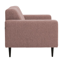 2-istuttava Tessa-sohva kanervanpunaisen rouhealla roosalla Wish 64 -kankaalla, 20 cm leveillä käsinojilla ja mustilla 18 cm pyöreäkartiopuujaloilla.