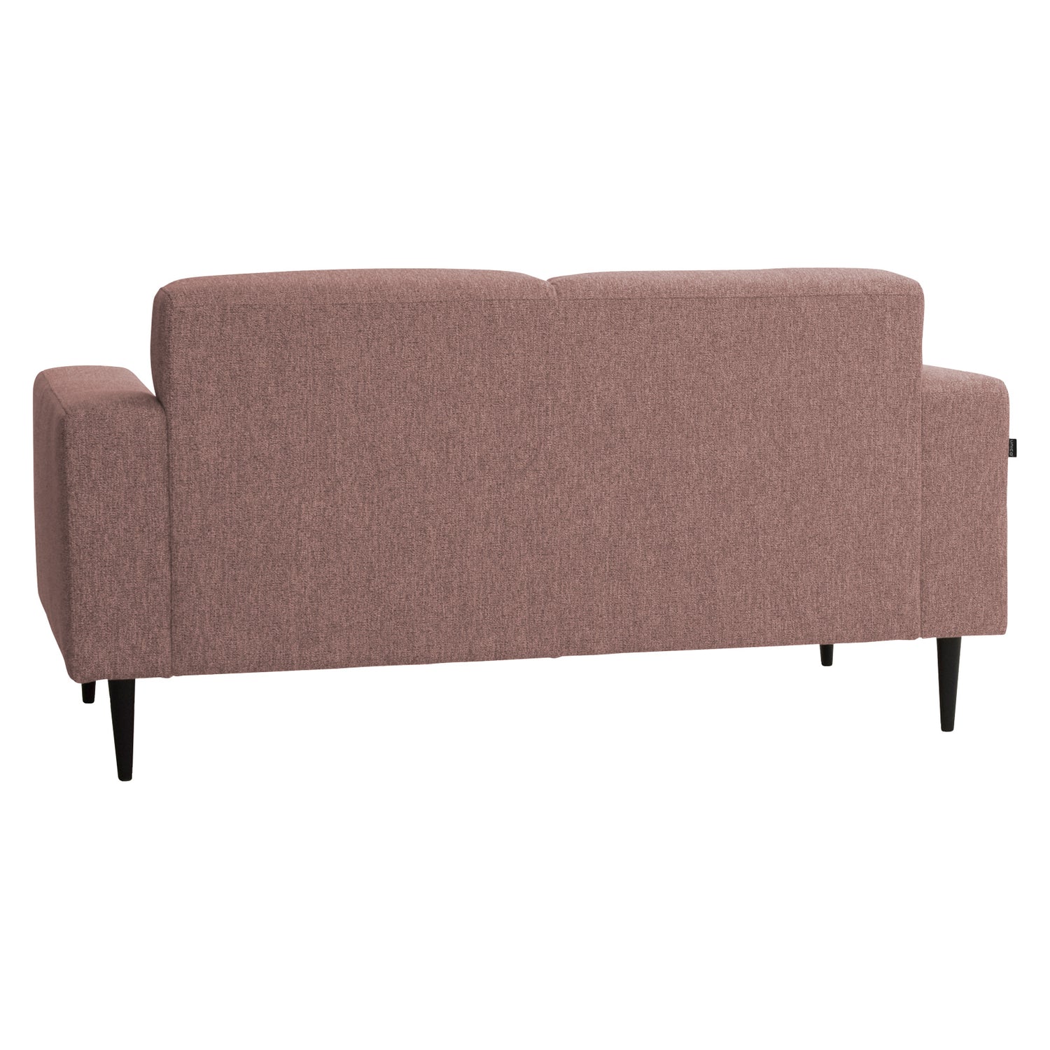 2-istuttava Tessa-sohva kanervanpunaisen rouhealla roosalla Wish 64 -kankaalla, 20 cm leveillä käsinojilla ja mustilla 18 cm pyöreäkartiopuujaloilla.