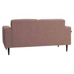 2-istuttava Tessa-sohva kanervanpunaisen rouhealla roosalla Wish 64 -kankaalla, 20 cm leveillä käsinojilla ja mustilla 18 cm pyöreäkartiopuujaloilla.