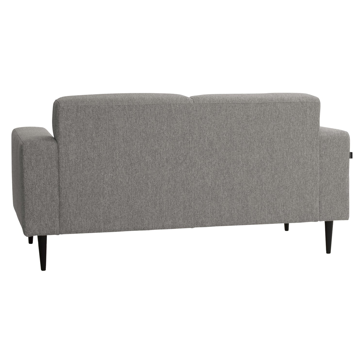 2-istuttava Tessa-sohva rouhealla harmaalla Wish 85-kankaalla, 20 cm leveillä käsinojilla ja mustilla 18 cm pyöreäkartiopuujaloilla.