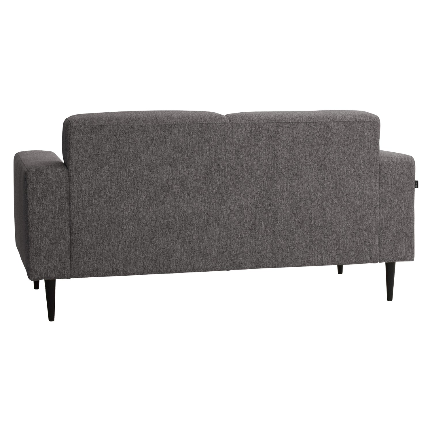 2-istuttava Tessa-sohva rouhealla tummanharmaalla Wish 96 -kankaalla, 20 cm leveillä käsinojilla ja mustilla 18 cm pyöreäkartiopuujaloilla.