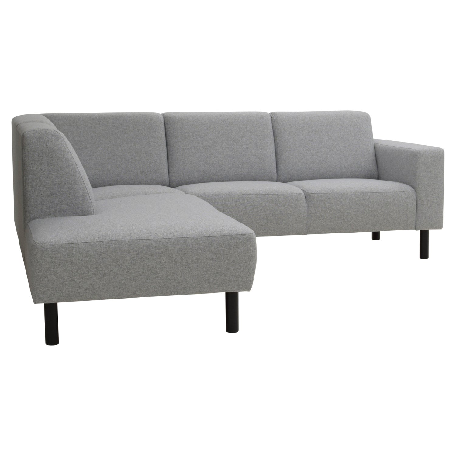 Divaallinen Tessa-avokulmasohva harmaalla Land 90 -kankaalla, 20 cm leveällä käsinojalla ja mustilla 18 cm pyöreäkartiopuujaloilla.