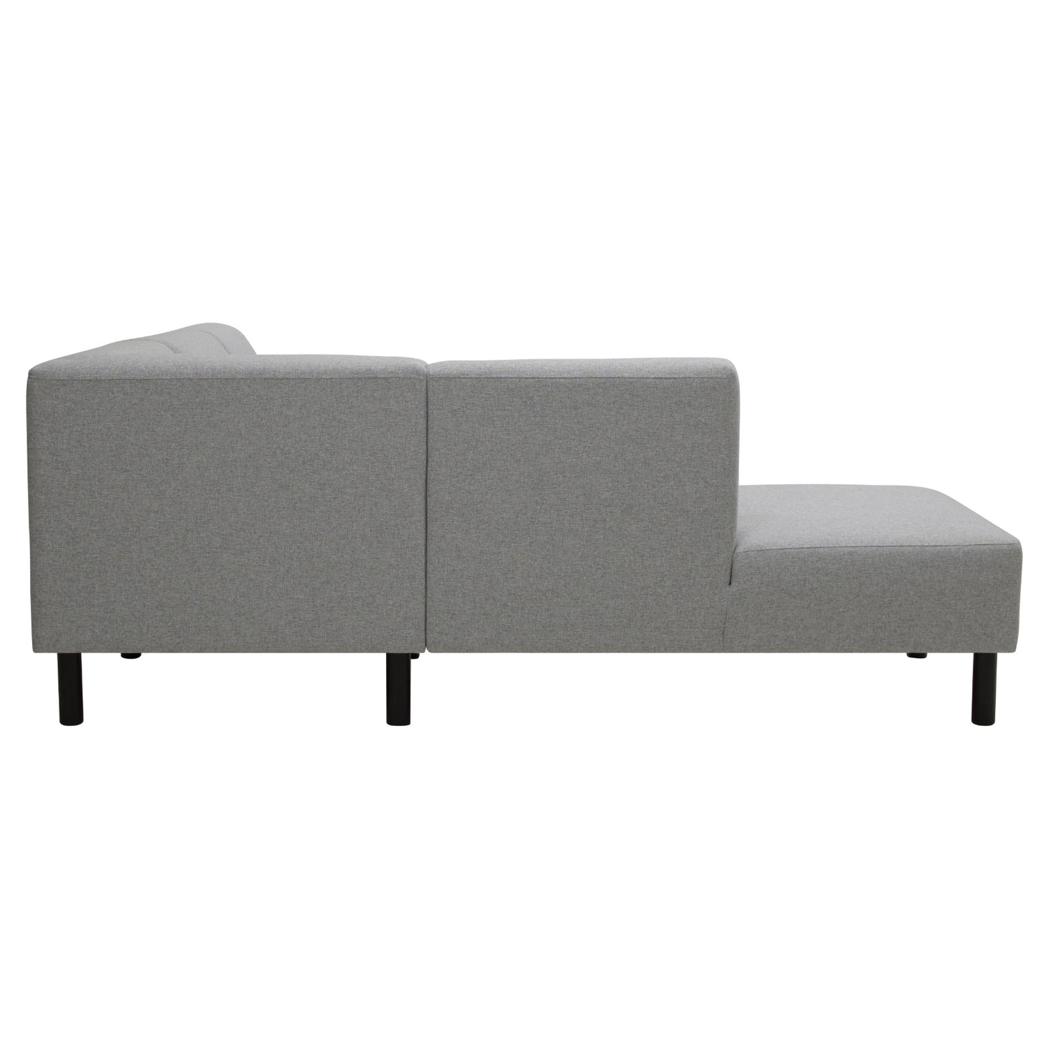 Divaallinen Tessa-avokulmasohva harmaalla Land 90 -kankaalla, 20 cm leveällä käsinojalla ja mustilla 18 cm pyöreäkartiopuujaloilla.