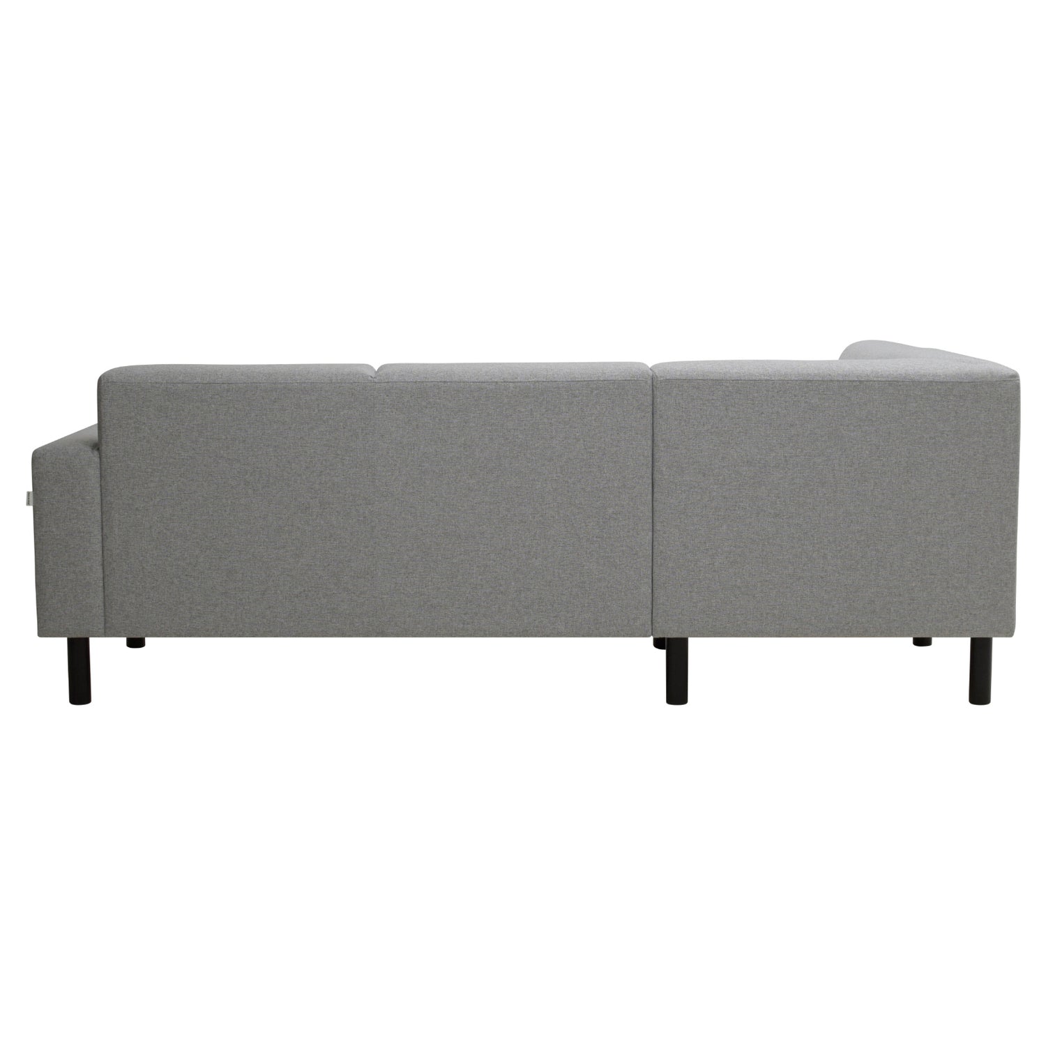 Divaallinen Tessa-avokulmasohva harmaalla Land 90 -kankaalla, 20 cm leveällä käsinojalla ja mustilla 18 cm pyöreäkartiopuujaloilla.