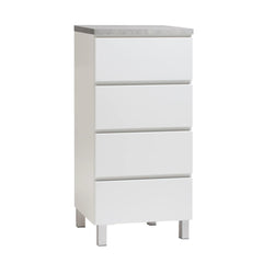 Kuvassa on 46 cm leveä valkoinen Viiva-lipasto harmaalla betonijäljitelmän sävyisellä kannella ja hopeanvärisillä alumiinijaloilla.