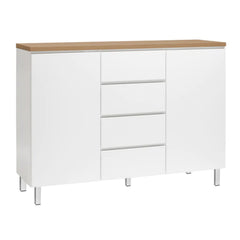 Kuvassa on 137 cm leveä valkoinen Viiva-senkki tammenvärisellä kannella ja valkoisilla metallijaloilla.