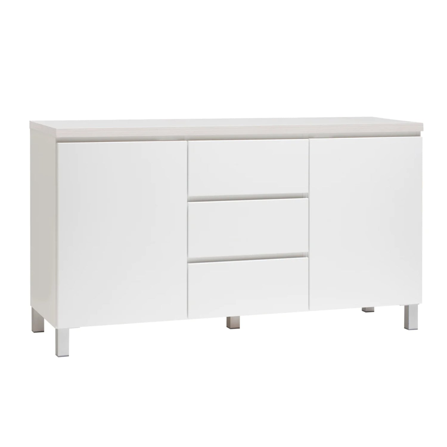 Kuvassa on 137 cm leveä valkoinen Viiva-senkki valkosaarninvärisellä kannella ja hopeanvärisillä alumiinijaloilla.