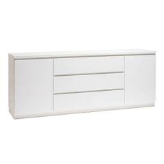 Kuvassa on 184 cm leveä kokovalkoinen Viiva-senkki valkoisella jalkasokkelilla.