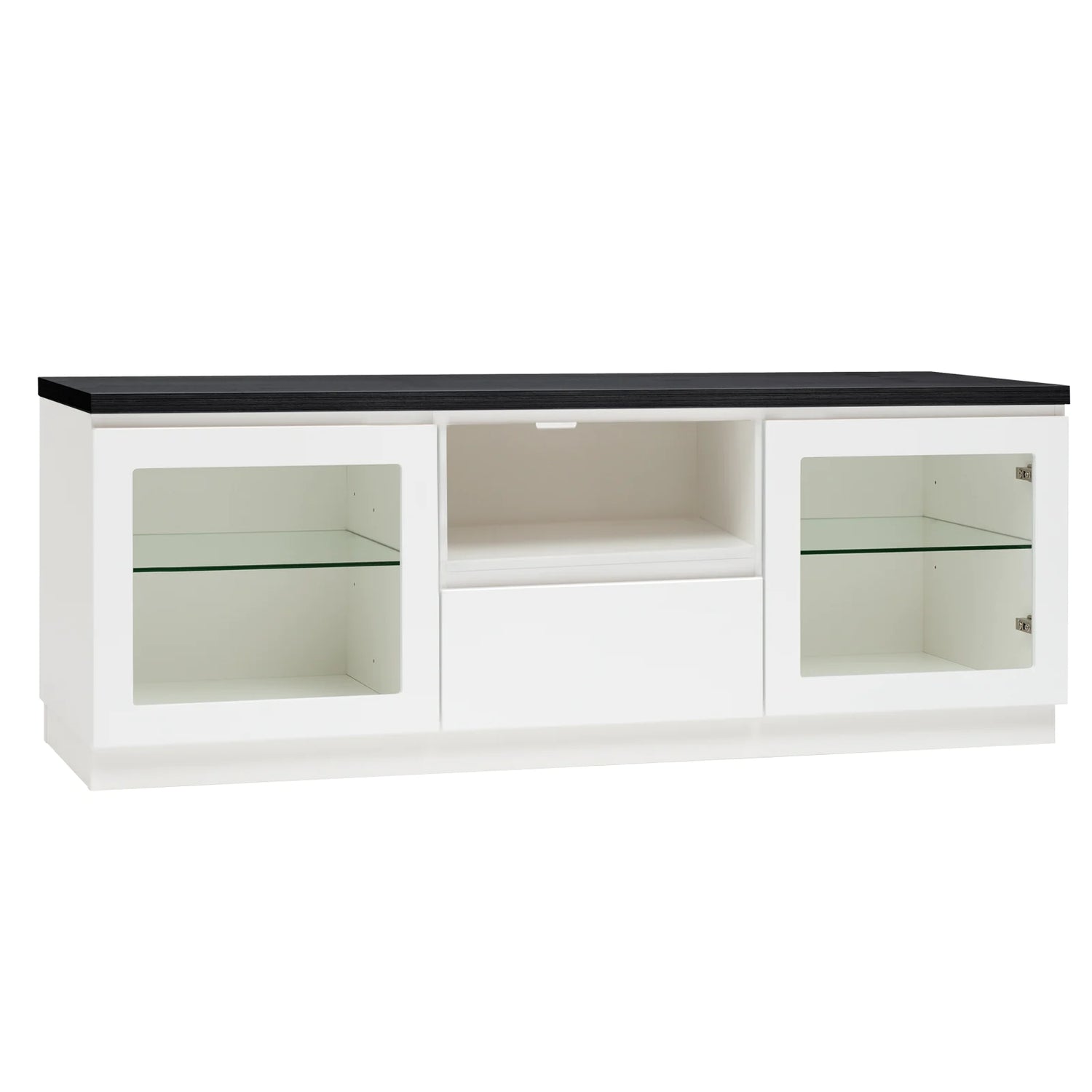 Kuvassa on 137 cm leveä valkoinen Viiva-sarjan tv-taso mustalla kannella ja valkoisella jalkasokkelilla.